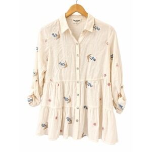 Hope Springs Embroidered Gauze Blouse M Cream Nautical Tiered Boho Button Top